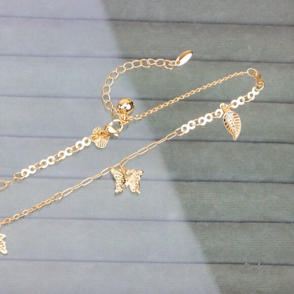 "Rose Gold Anklet with Butterfly & Leaf Charms, XPAL1169 - Picture 8 of 12